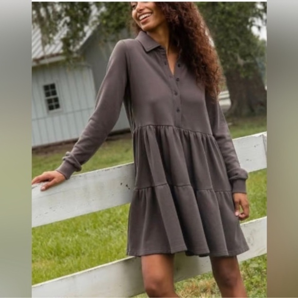 Natural Life Sylvan Charcoal Tiered Button Down Sweatshirt Dress Size small